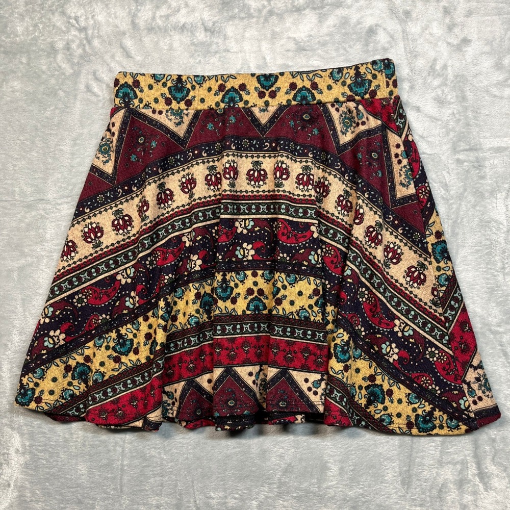 LA Hearts Skater Skirt Womens Small Burgundy Gold Boho Tapestry Floral Mini
